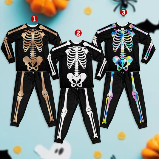 Main view of the matching family pajama set featuring a Halloween skeletons design on a black background