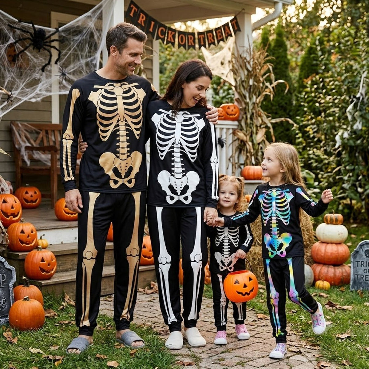 Lifestyle view of a family wearing the matching Halloween skeletons pajama sets