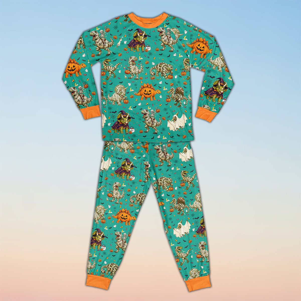 Front view of personalized teal Halloween dinosaur pajama set
