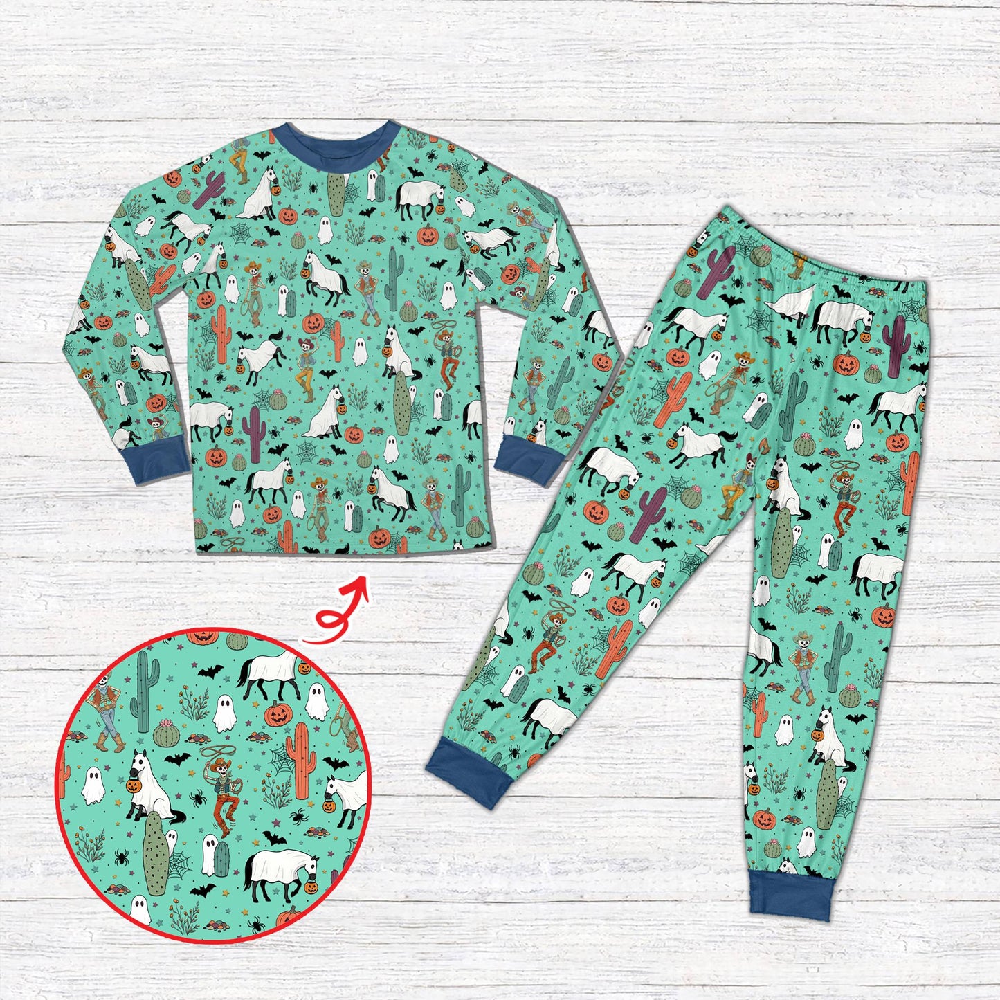 holiday family matching pajamas in western Halloween teal design, front view