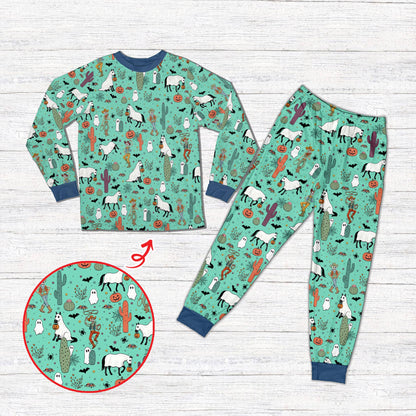 holiday family matching pajamas in western Halloween teal design, front view