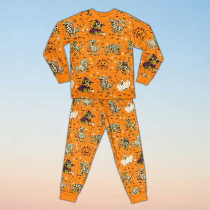 Another view of the Halloween dinosaur pajama set fabric design