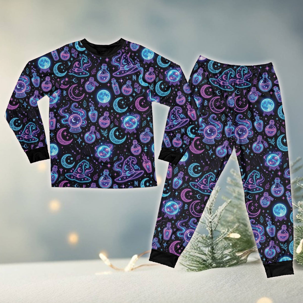 Alternate view of the matching family pajamas in bright neon Halloween colors