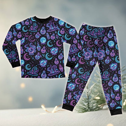 Alternate view of the matching family pajamas in bright neon Halloween colors