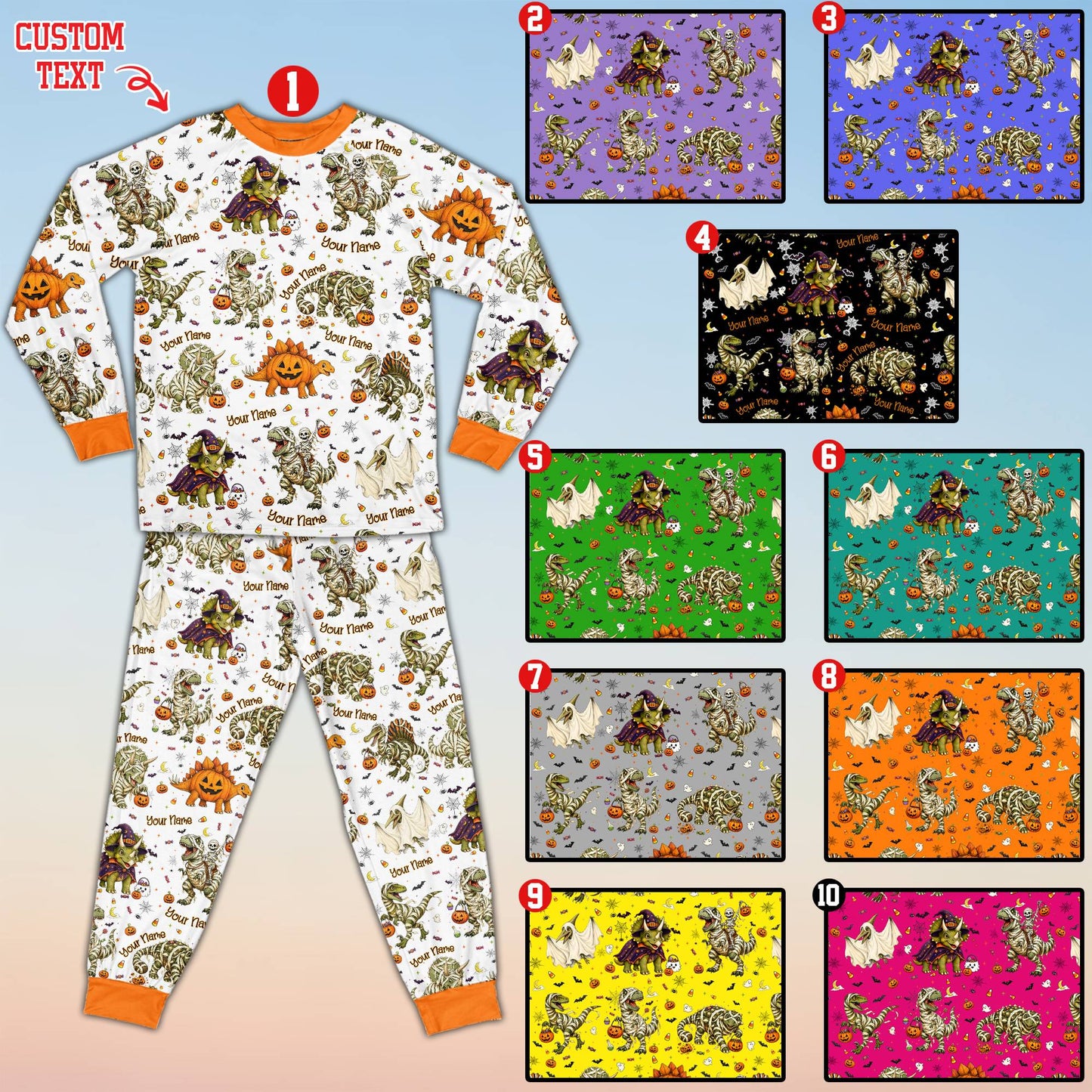 Detail view of the Halloween dinosaur pajama set showing custom name