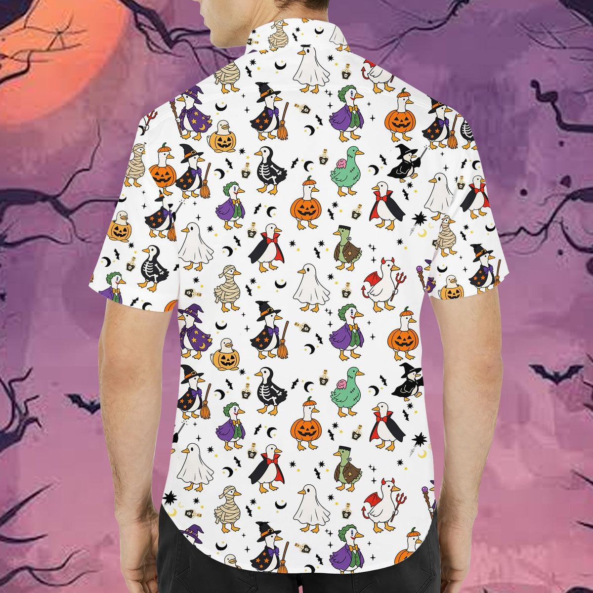 Back view of the white halloween pajama set with ducks