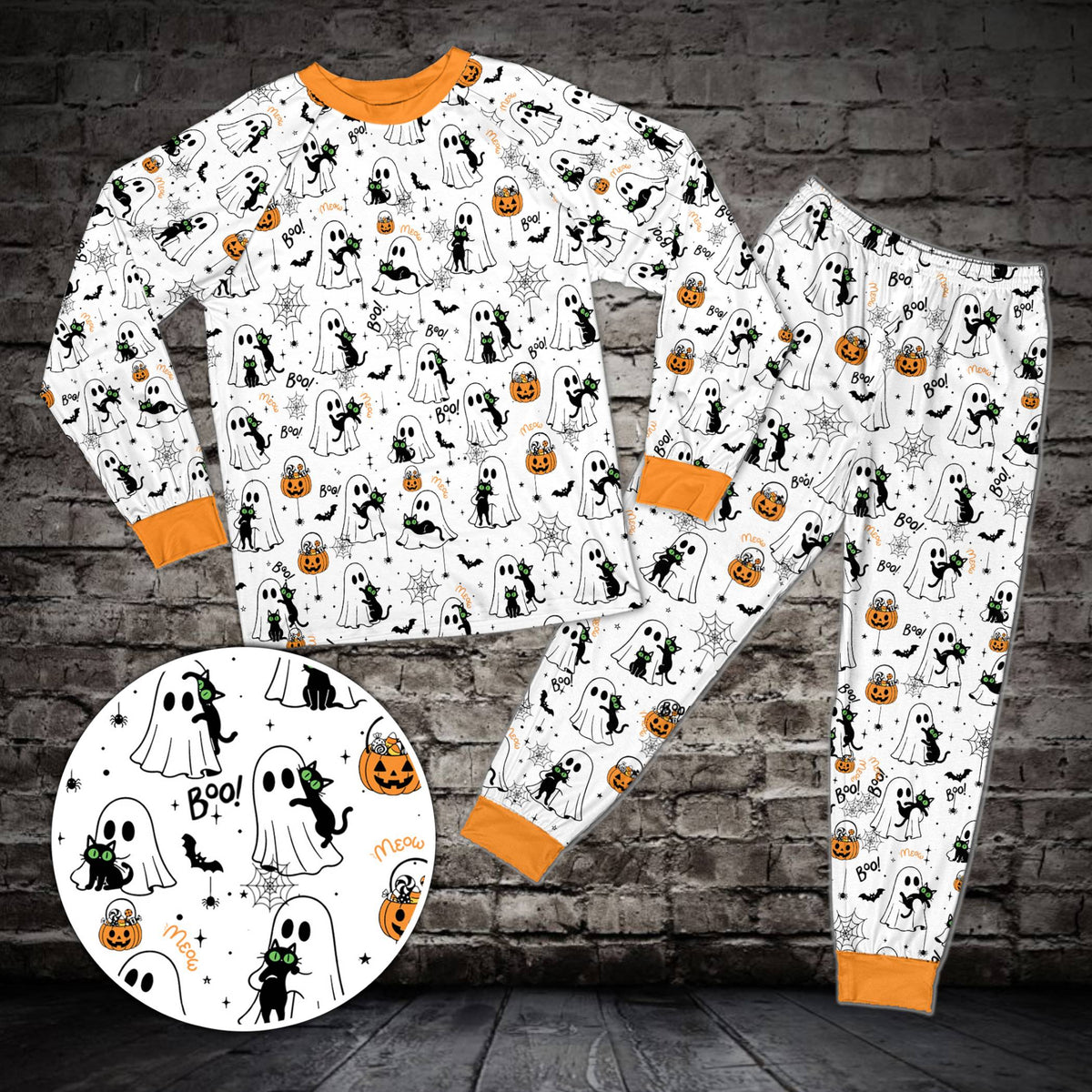 Matching family halloween pajama set in white with ghosts and pumpkins, front view
