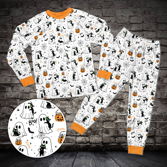 Matching family halloween pajama set in white with ghosts and pumpkins, front view