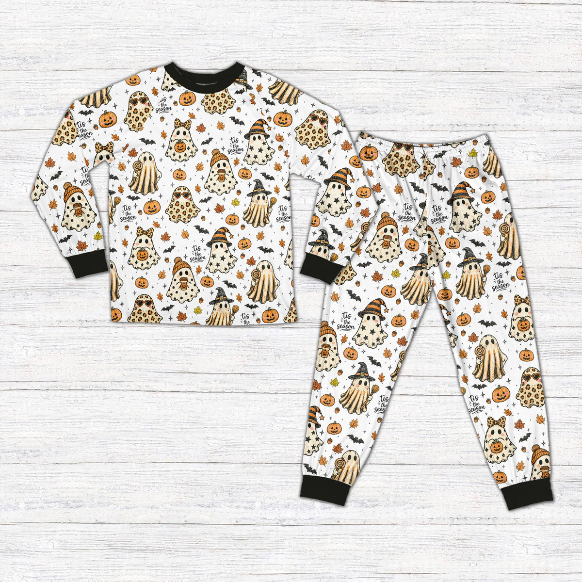 Matching family halloween pajama set with ghosts and pumpkins, front view