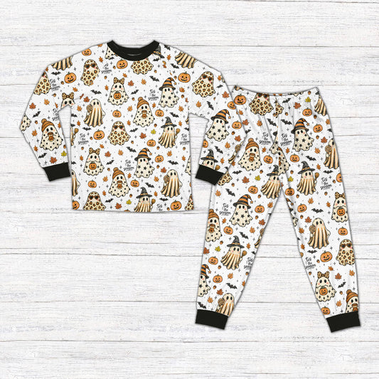 Matching family halloween pajama set with ghosts and pumpkins, front view