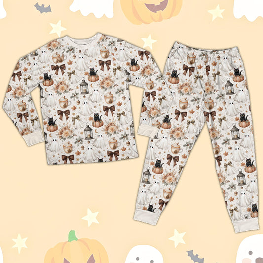 Main front view of matching family pajamas with Halloween watercolor design