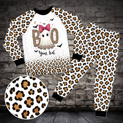 Main view of matching family halloween pajama set with cute ghost design