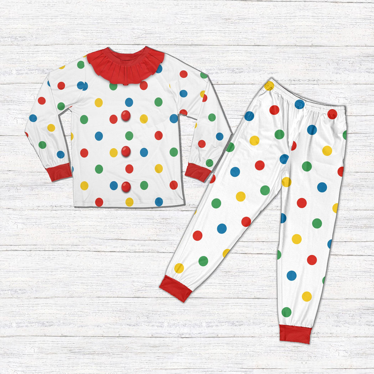 White and multicolor halloween pajama set for matching family, front view