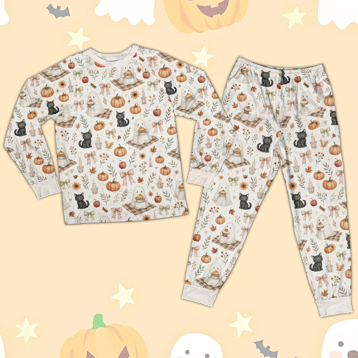 Close-up front view of matching family pajama top with watercolor black cats and potions