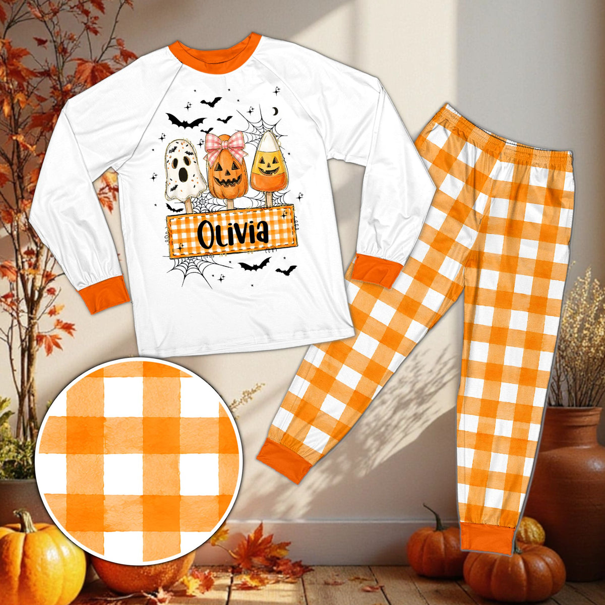 Detailed front view of the Halloween matching family plaid pajamas