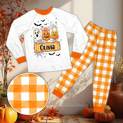 Detailed front view of the Halloween matching family plaid pajamas