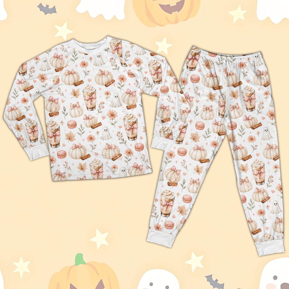 Front view of the matching family pajamas in multi-color Halloween print