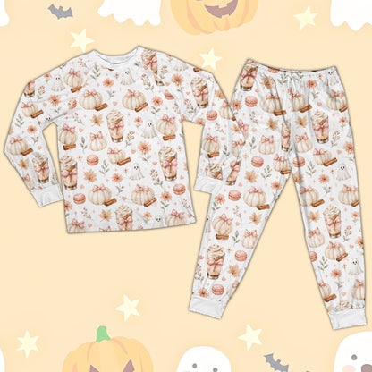 Front view of the matching family pajamas in multi-color Halloween print