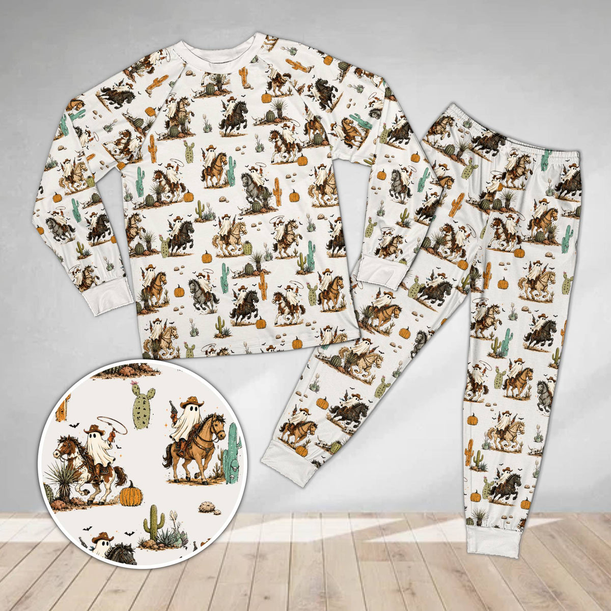 Halloween pajama set with ghost cowboy print, main view