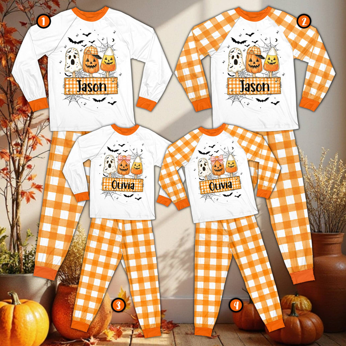 Additional front view of the personalized orange and white plaid pajamas