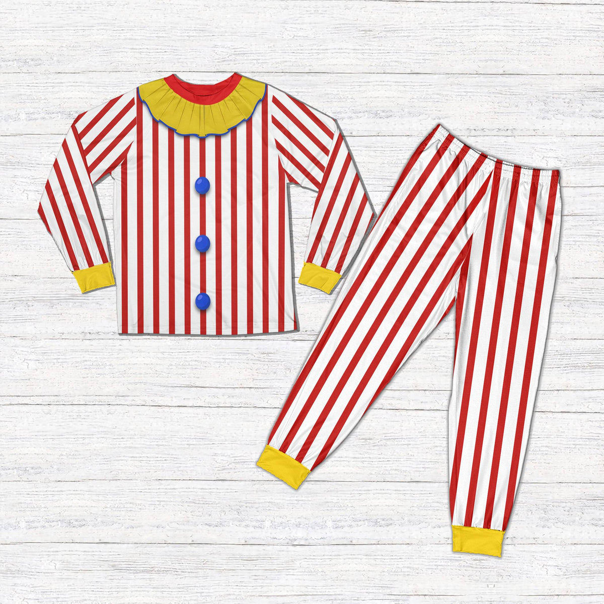 White base halloween pajama set with clown pattern, front view 4