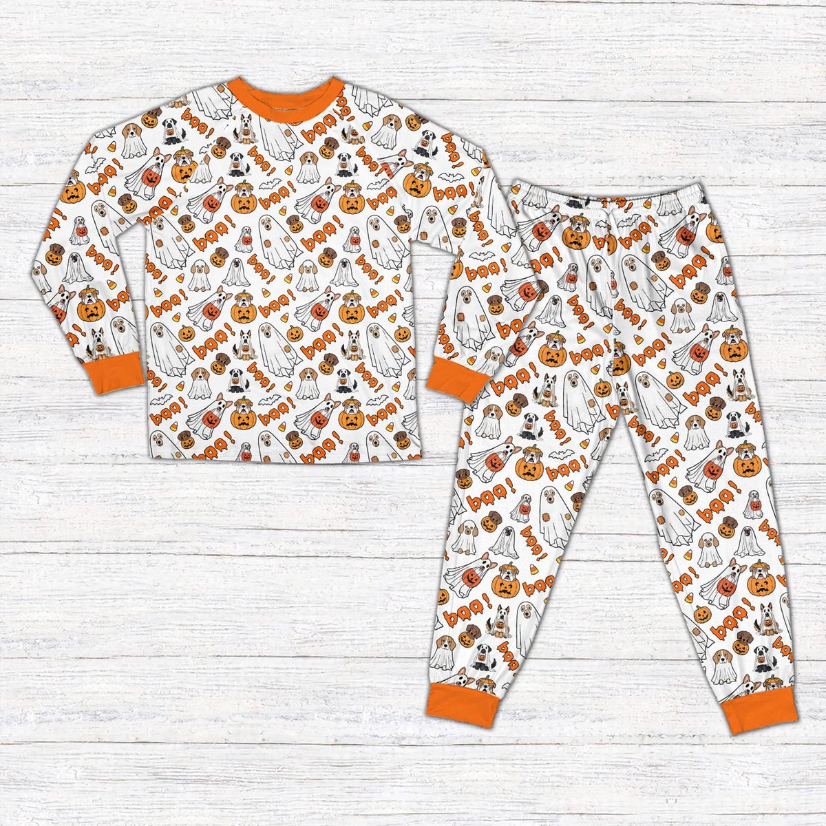 White background halloween dog print pajama set front view