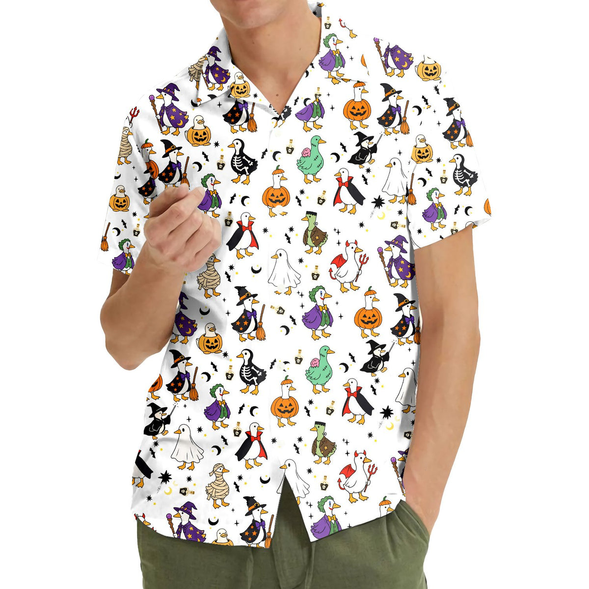 White halloween pajama set featuring ducks in costumes, main view