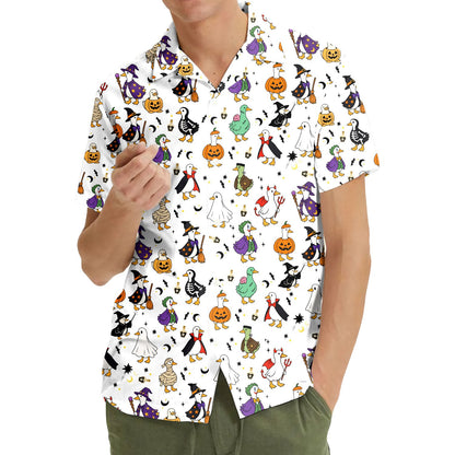 White halloween pajama set featuring ducks in costumes, main view