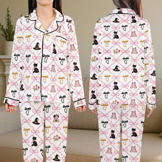 Main view of the matching family halloween pajama set with cat and witch hat grid pattern