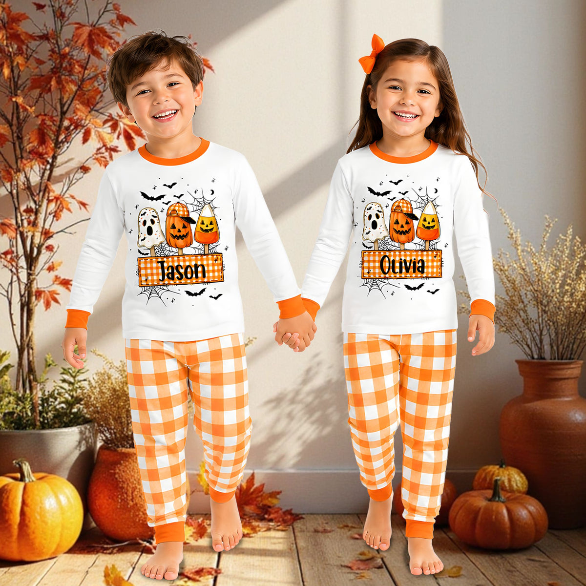 Lifestyle view of a family wearing matching plaid pajamas family sets for Halloween