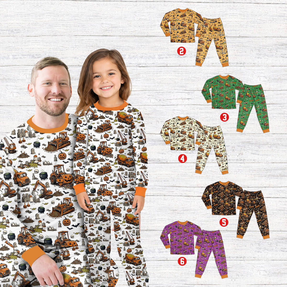 Lifestyle view of a family wearing the personalized Halloween pajama sets in white