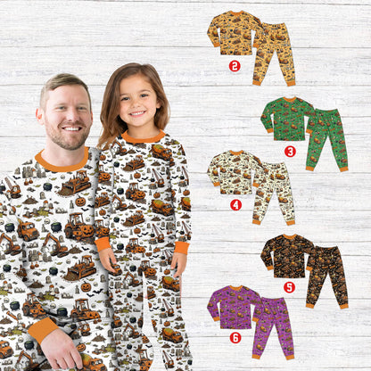 Lifestyle view of a family wearing the personalized Halloween pajama sets in white