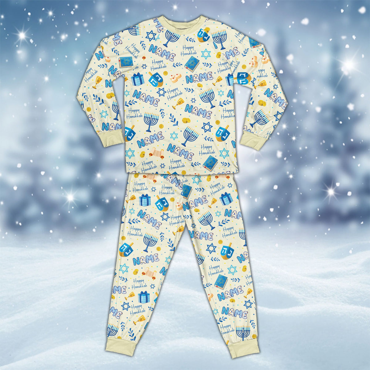 Beige personalized hanukkah pajama set with custom name front view