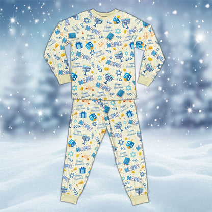 Beige personalized hanukkah pajama set with custom name front view