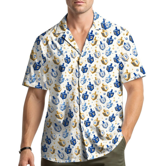 Hanukkah pajama set with blue, gold, and white dreidel pattern, main view