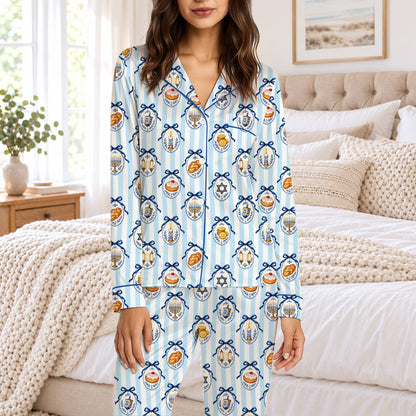 Front view of light blue hanukkah pajama top