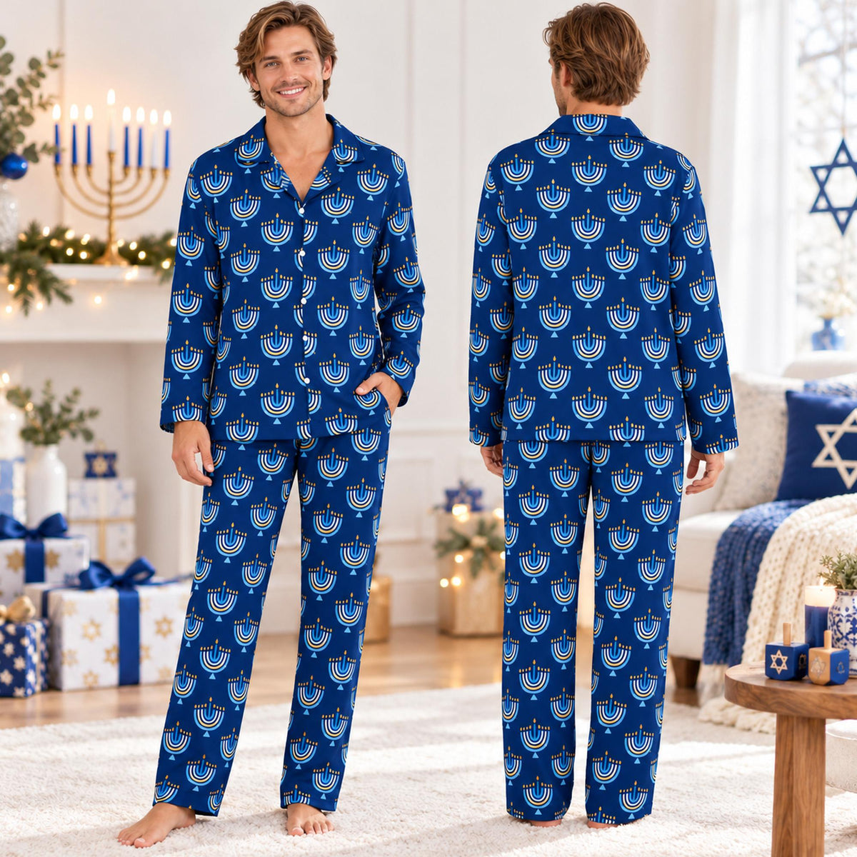 Front view of the dark blue hanukkah pajama set showing light blue and yellow menorahs