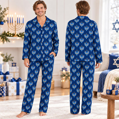 Front view of the dark blue hanukkah pajama set showing light blue and yellow menorahs