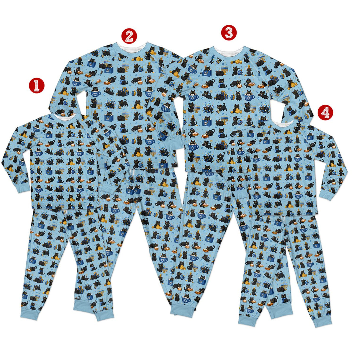 Front view of the hanukkah family pajama set featuring a cat and menorah print