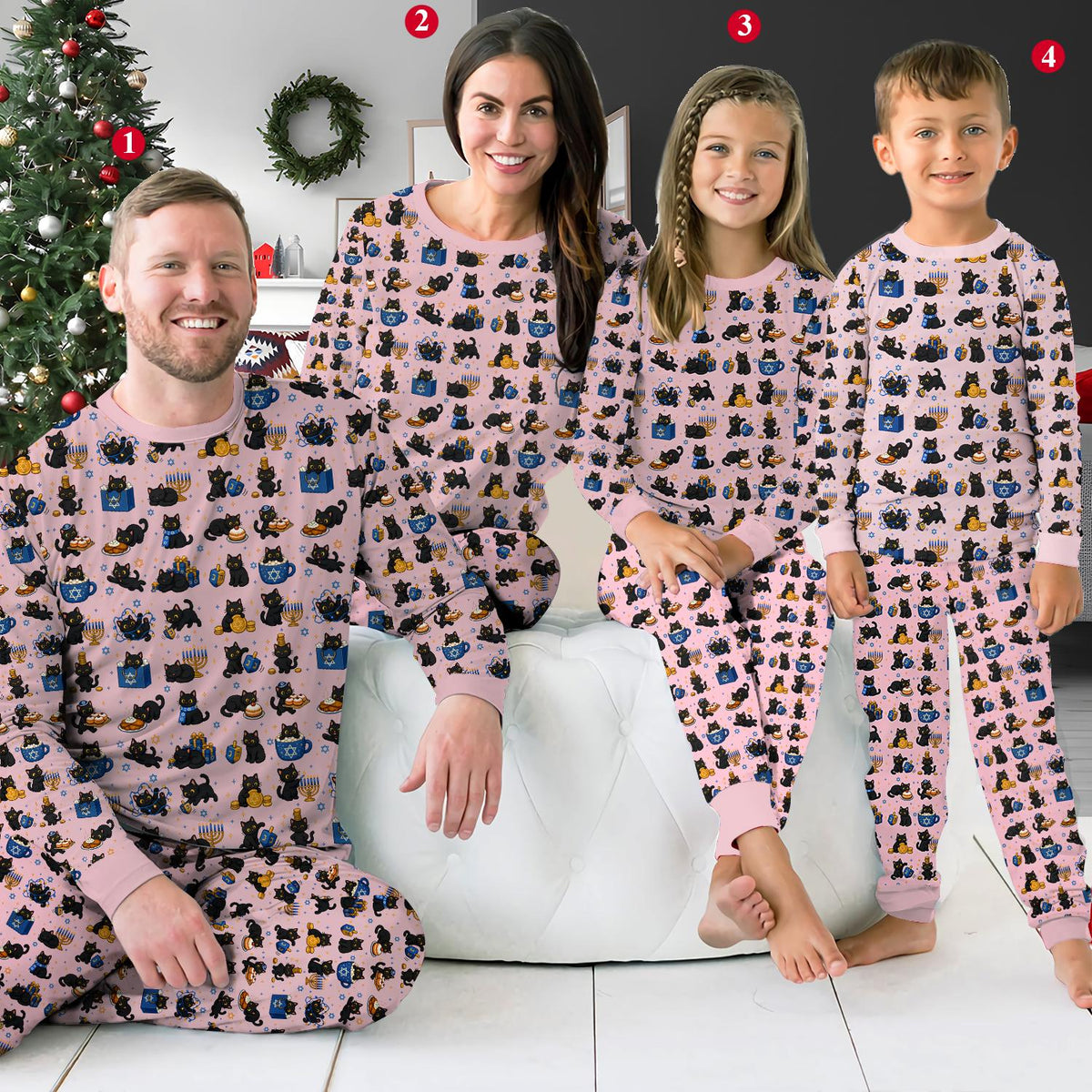 Lifestyle shot of a person relaxing in the Hanukkah family pajama set