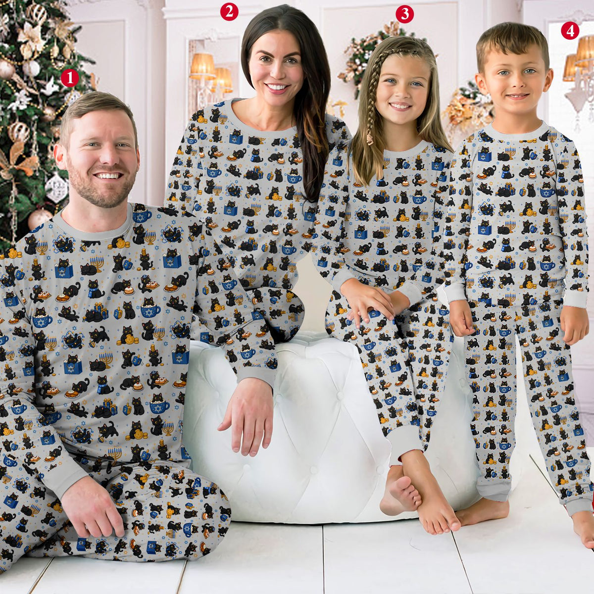 Person standing while wearing the family matching holiday pajamas