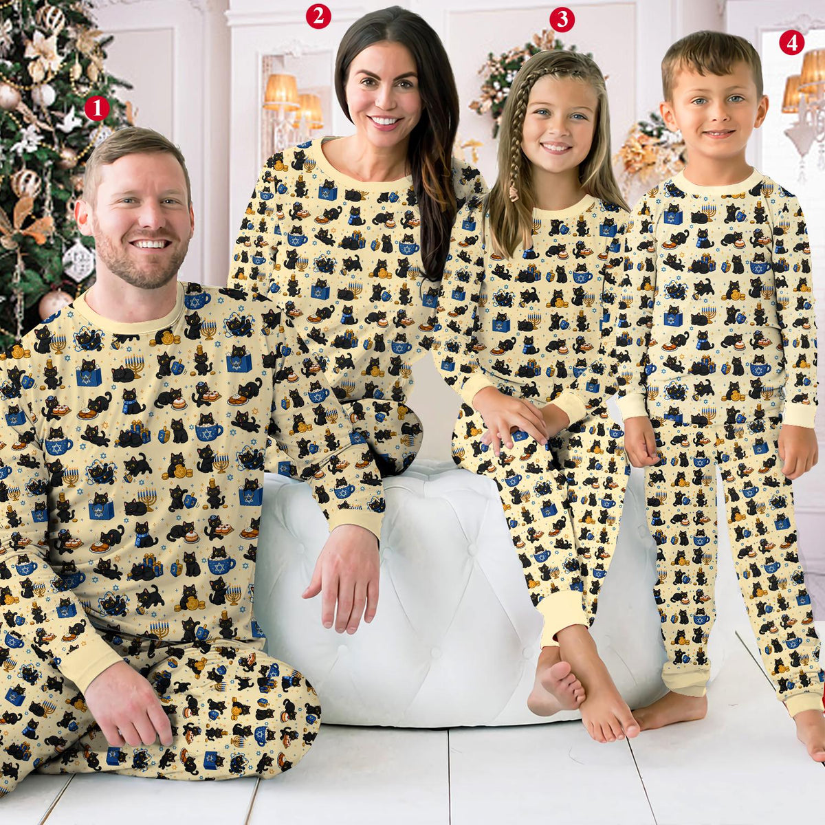 Group wearing Hanukkah family pajama set in multicolor design