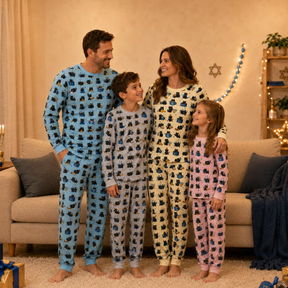 Another view of the group in the multicolor hanukkah pajama set family
