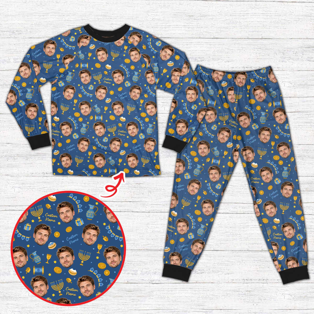 Multicolor Hanukkah pajama set top displaying personalized faces and dreidels