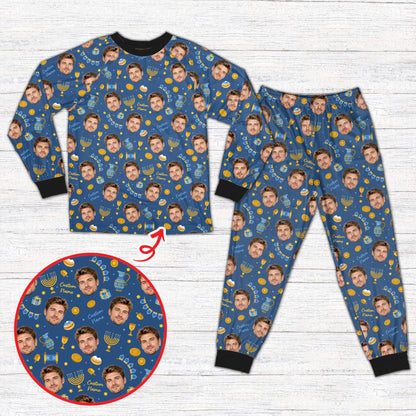 Multicolor Hanukkah pajama set top displaying personalized faces and dreidels