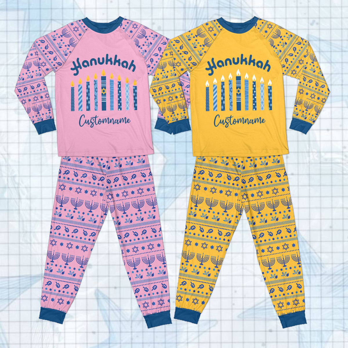 Front view of personalized Hanukkah pajama shirt and patterned pants in multicolor.