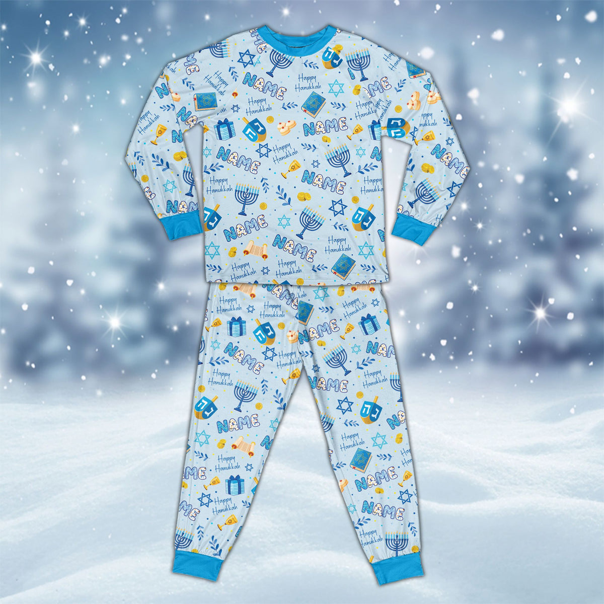Family wearing matching hanukkah pajama set with custom names in light blue