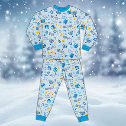 Family wearing matching hanukkah pajama set with custom names in light blue