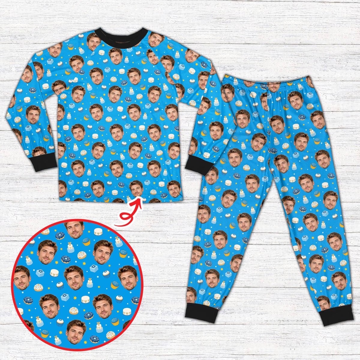Hanukkah pajama set bottoms with custom faces, menorahs, and Star of David