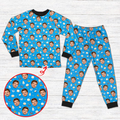 Hanukkah pajama set bottoms with custom faces, menorahs, and Star of David